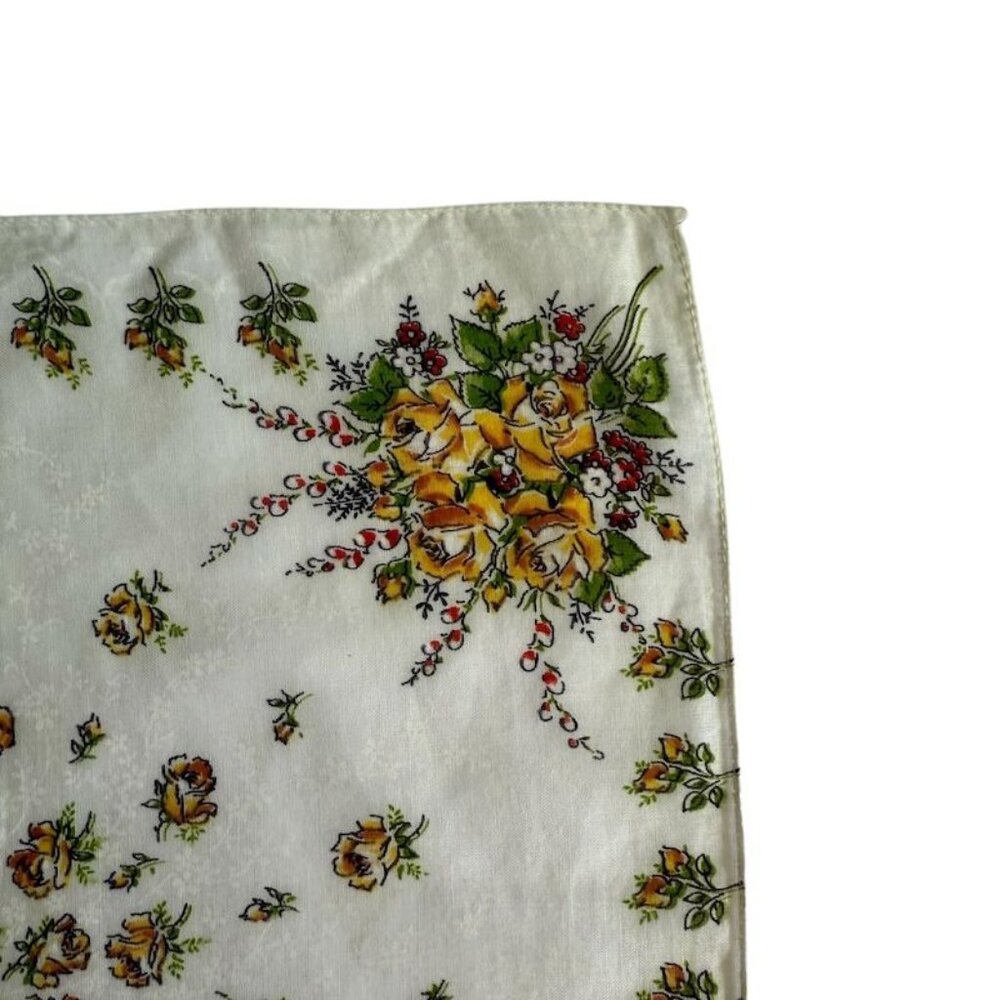 Vintage Womens Floral Handkerchief Yellow Roses  Delicate Green Accents Cotton B - Picture 5 of 10